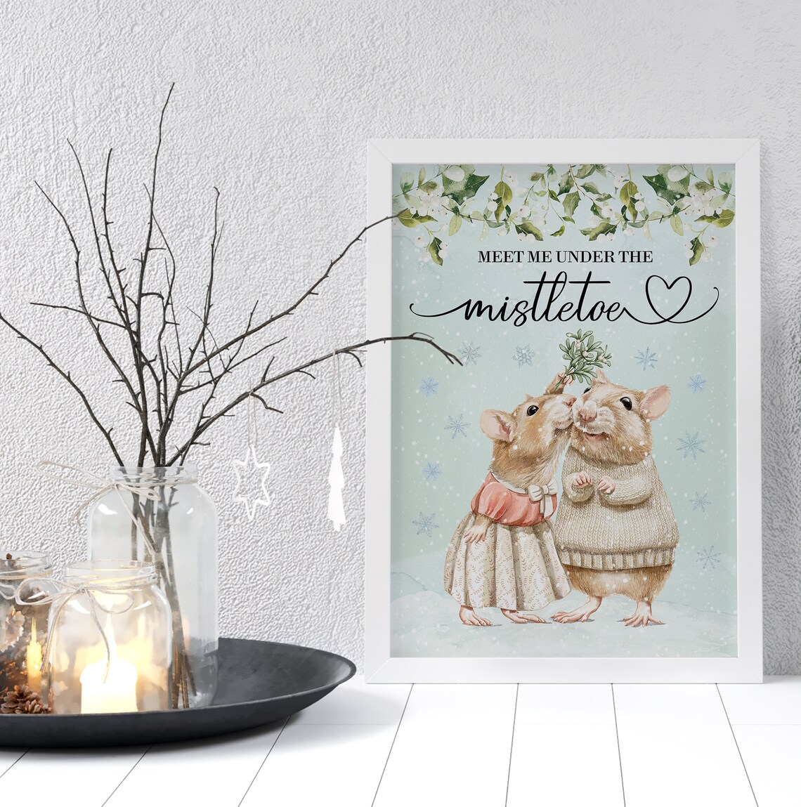Meet Me Under The Mistletoe Two Kissing Mice Christmas Poster - Image 3