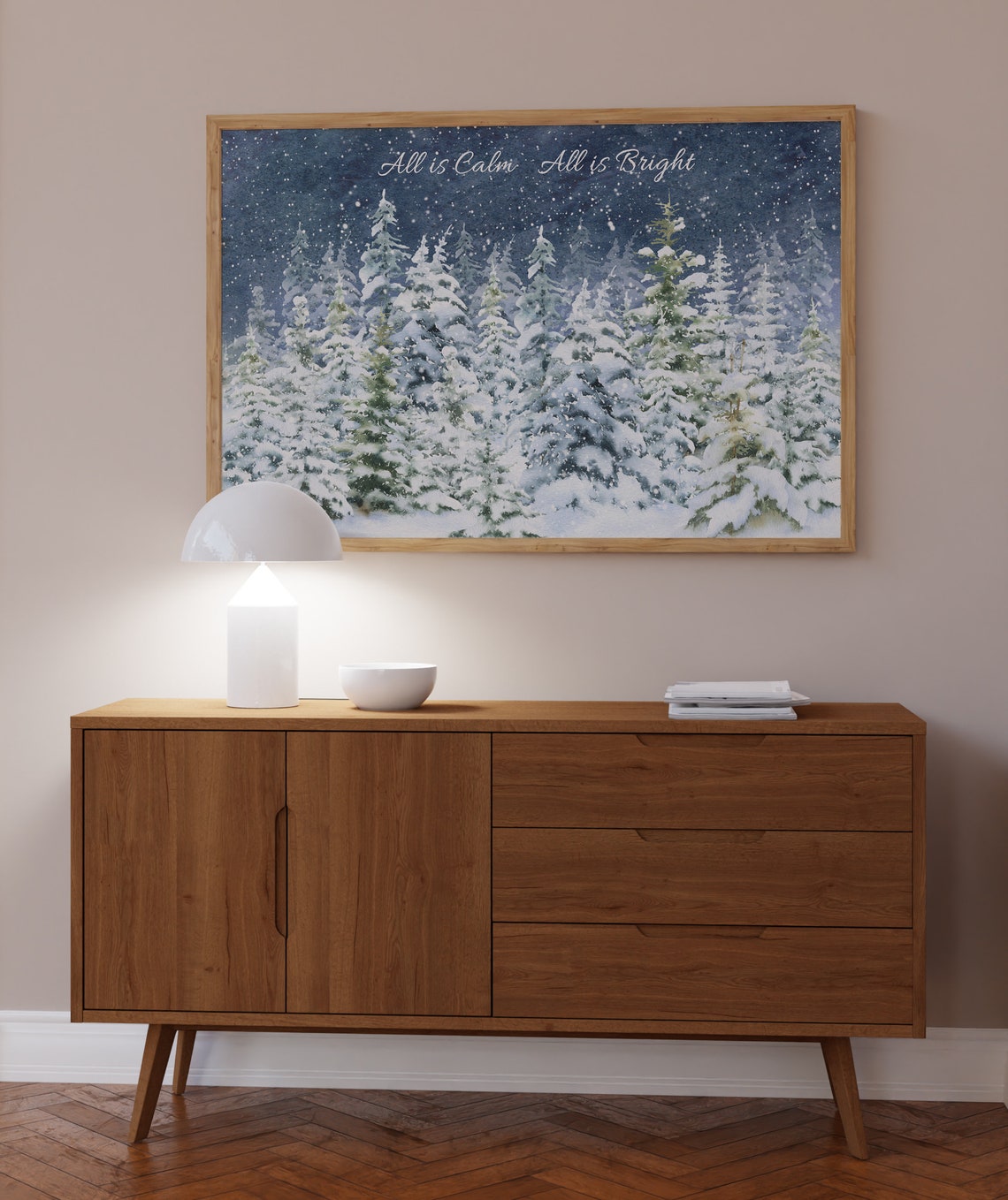 All Is Calm All Is Bright Snowy Forest Night Watercolor Wall Art - Image 4