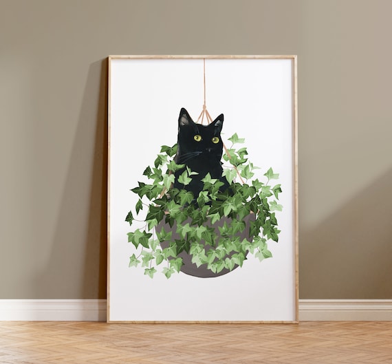 Black Cat and Plant Watercolor Cat Art Print