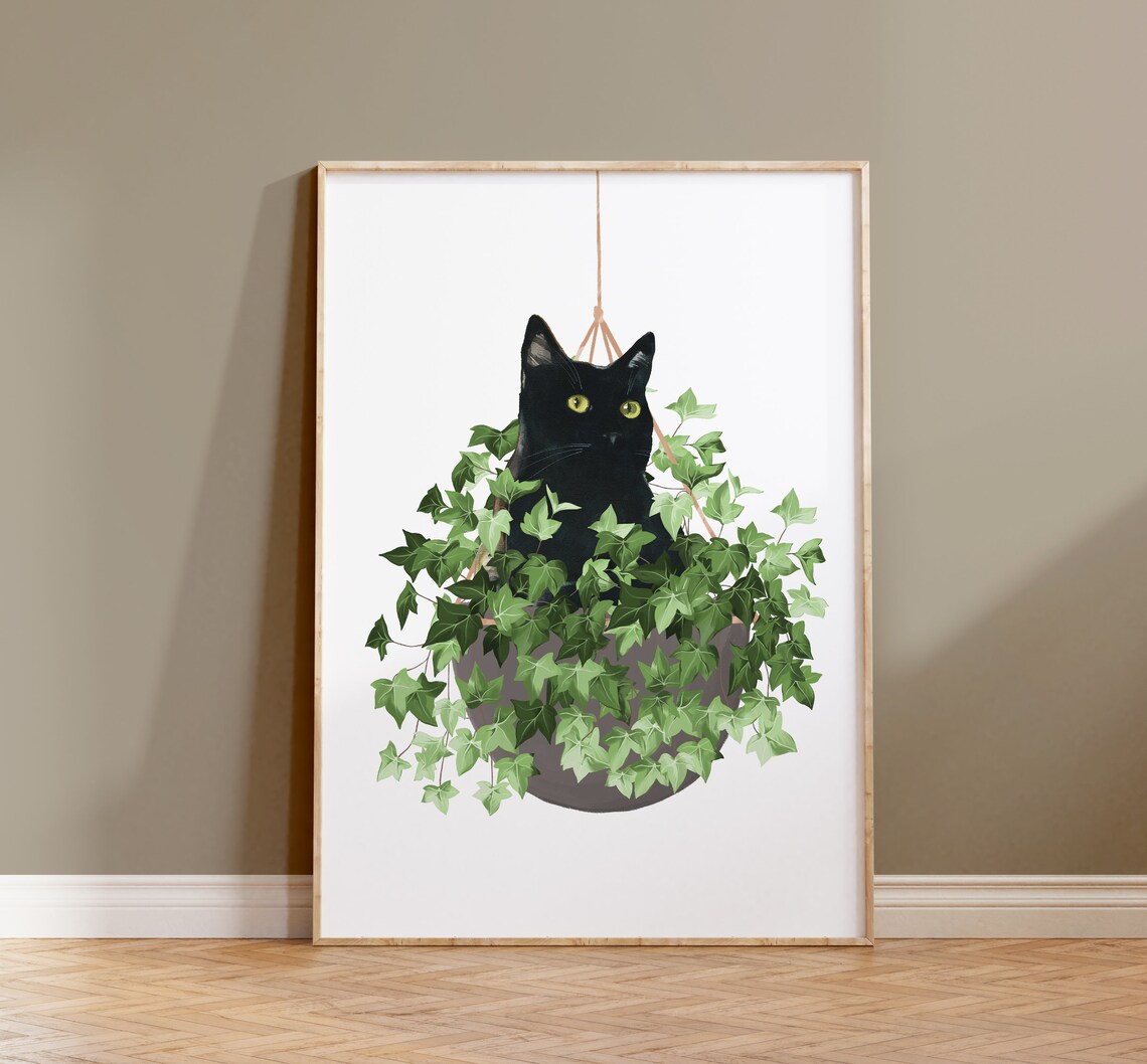 Black Cat and Plant Watercolor Cat Art Print