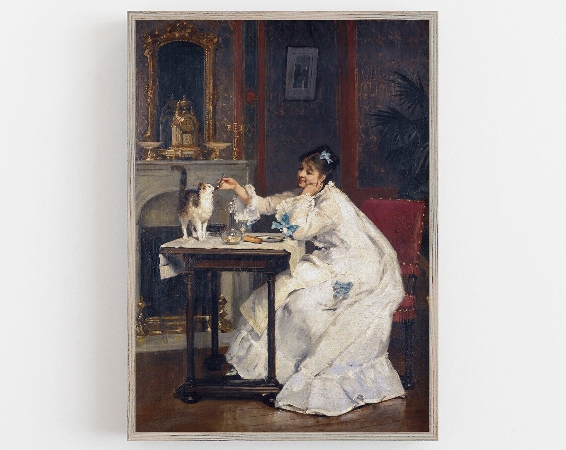 Woman And Cat Vintage Art Print, Antique Feeding Cat
