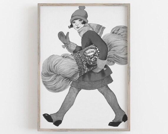 Vintage Girl Carrying Yarn Whimsical Black White Illustration Print