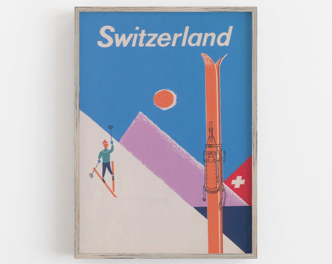 Switzerland Vintage Ski Poster, Winter Wall Art
