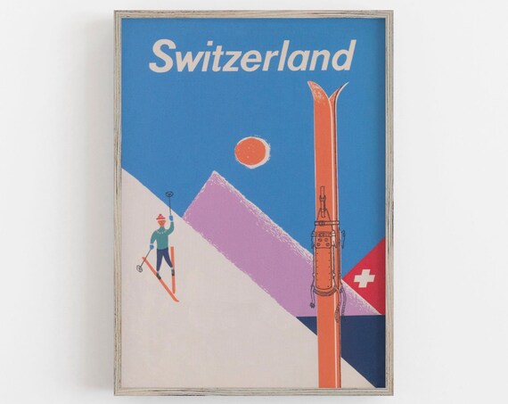 Switzerland Vintage Ski Poster, Winter Wall Art