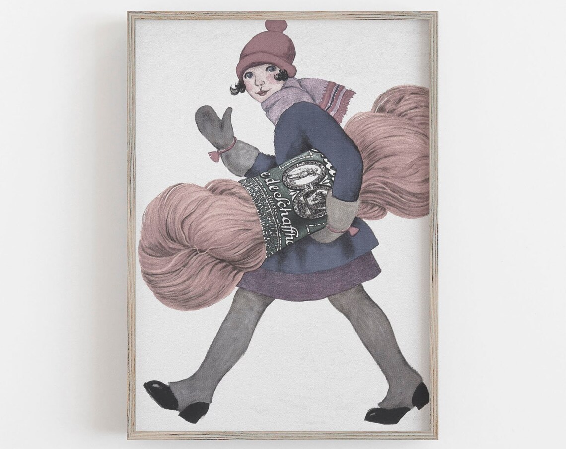 Vintage Girl Carrying Yarn Bundles Knitting Craft Retro Style Poster