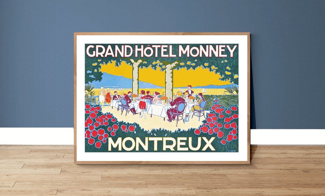 Grand Hotel Monney Montreux Vintage Swiss Hotel Advertising Poster Art