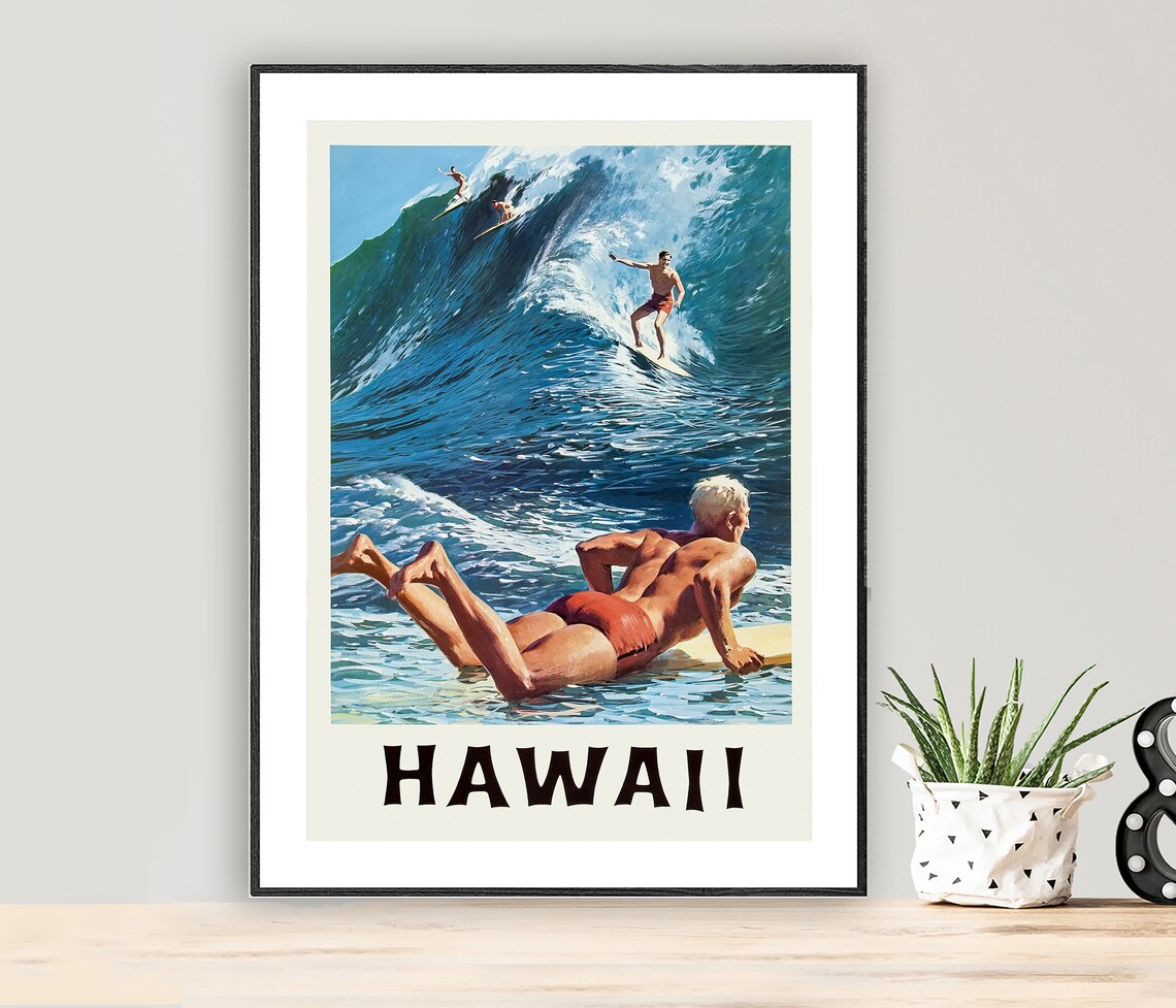Hawaii Surfing Vintage Travel Poster, Travel Poster