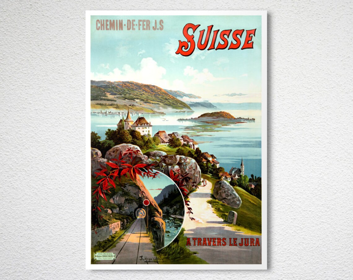Vintage Suisse Jura Railway Poster Swiss Lake Mountain Travel Art - Image 2