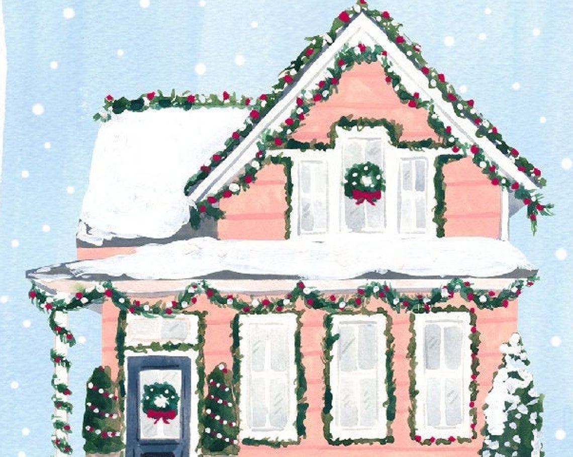 Snowy Pink Christmas House Garland Gouache Holiday Art Poster