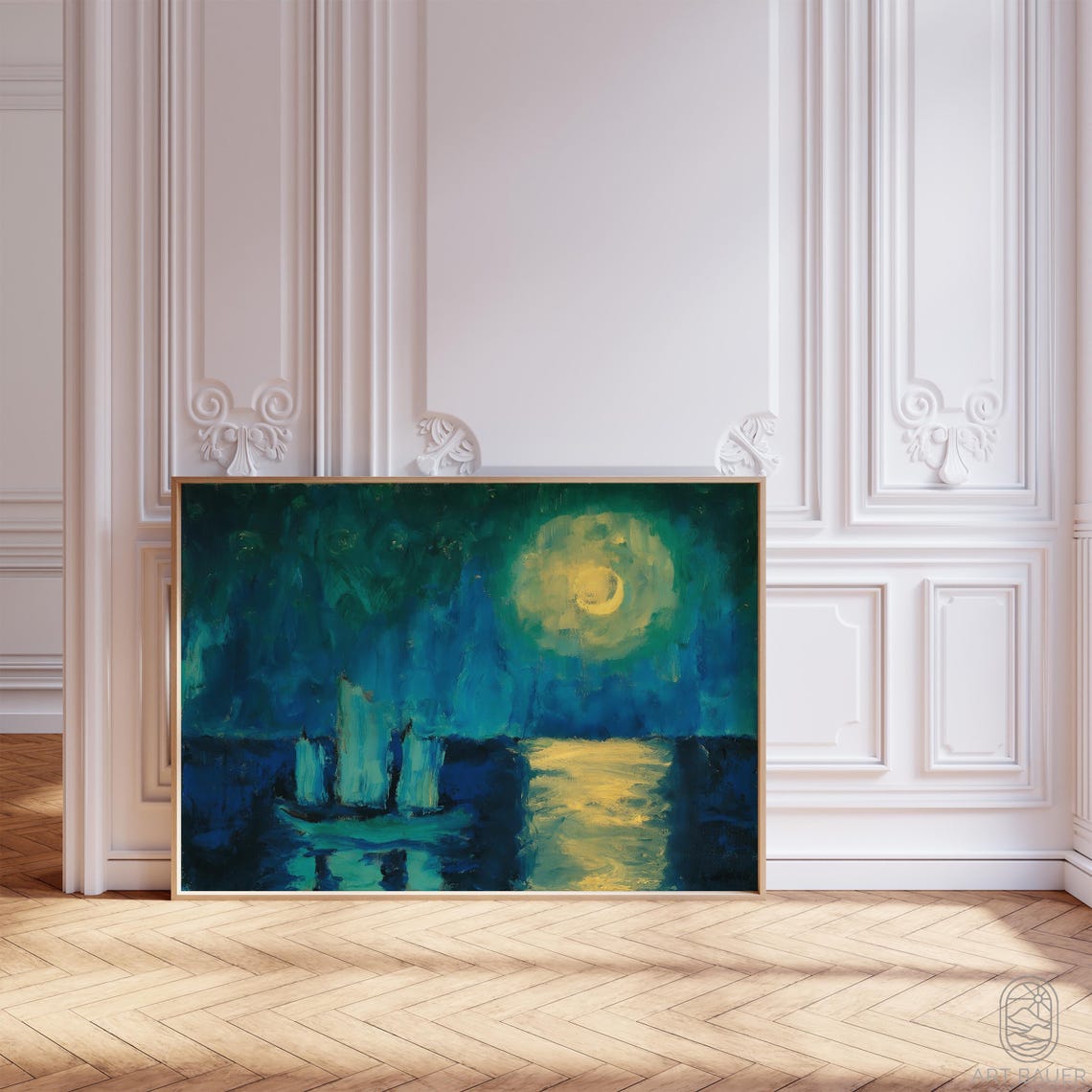 Nolde Moonlight Glowing Yellow Moon Blue Sea Boats Expressionist Print - Image 4