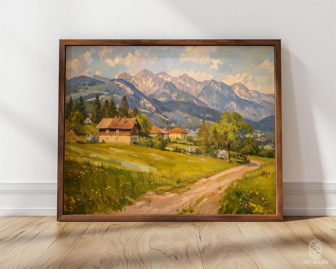 Austrian Alpine Village Spring Chalets Meadows Snowy Peaks Art Poster