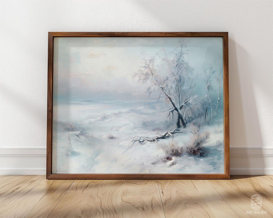 Abstract Winter Landscape Pale Blue Frosty Trees Snowy Field Art Print - Image 3