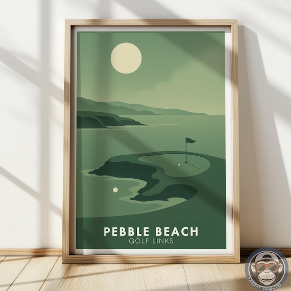Pebble Beach Golf Links Full Moon Ocean Cliffs Green Poster Art