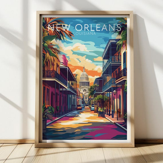 New Orleans Louisiana Colorful Street Dome Building Travel Poster