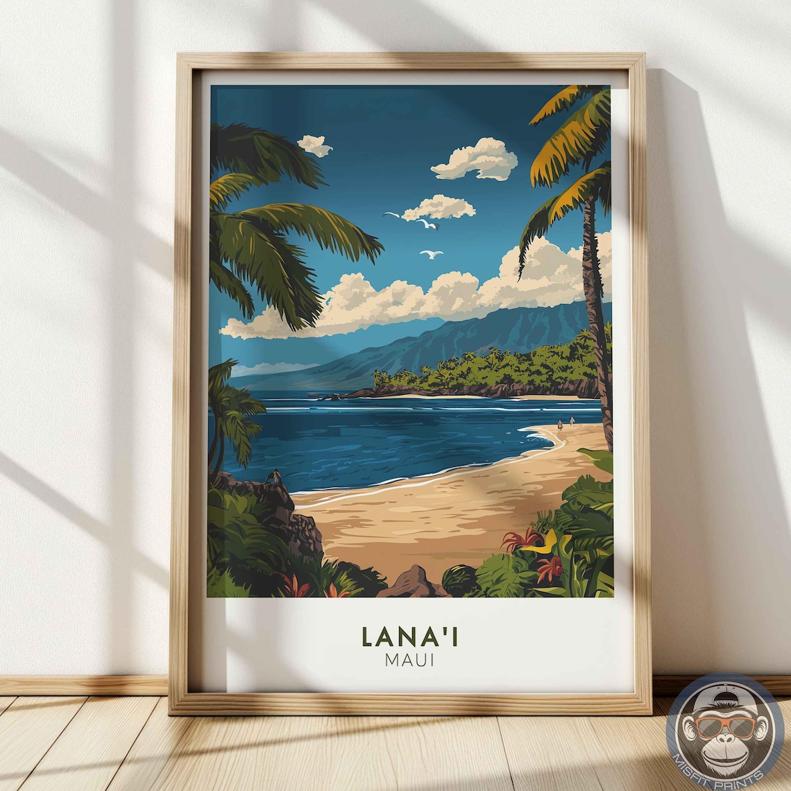 Lanai Maui Palm Bay Beach Mountains Clouds Tropical Coastline Travel Poster