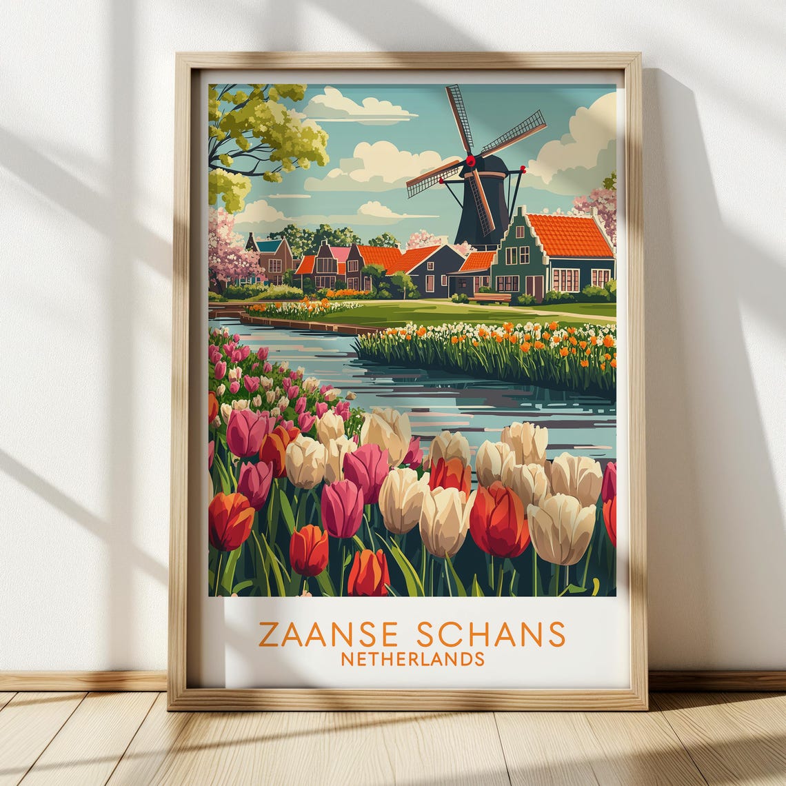 Zaanse Schans Windmill Tulip Fields Canal Netherlands Travel Poster