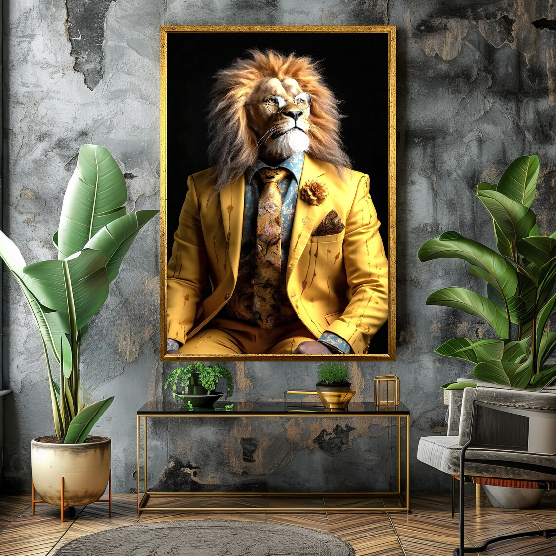 Dapper Lion in a Tailored Yellow Suit With Glasses Poster For Home Office - Image 4