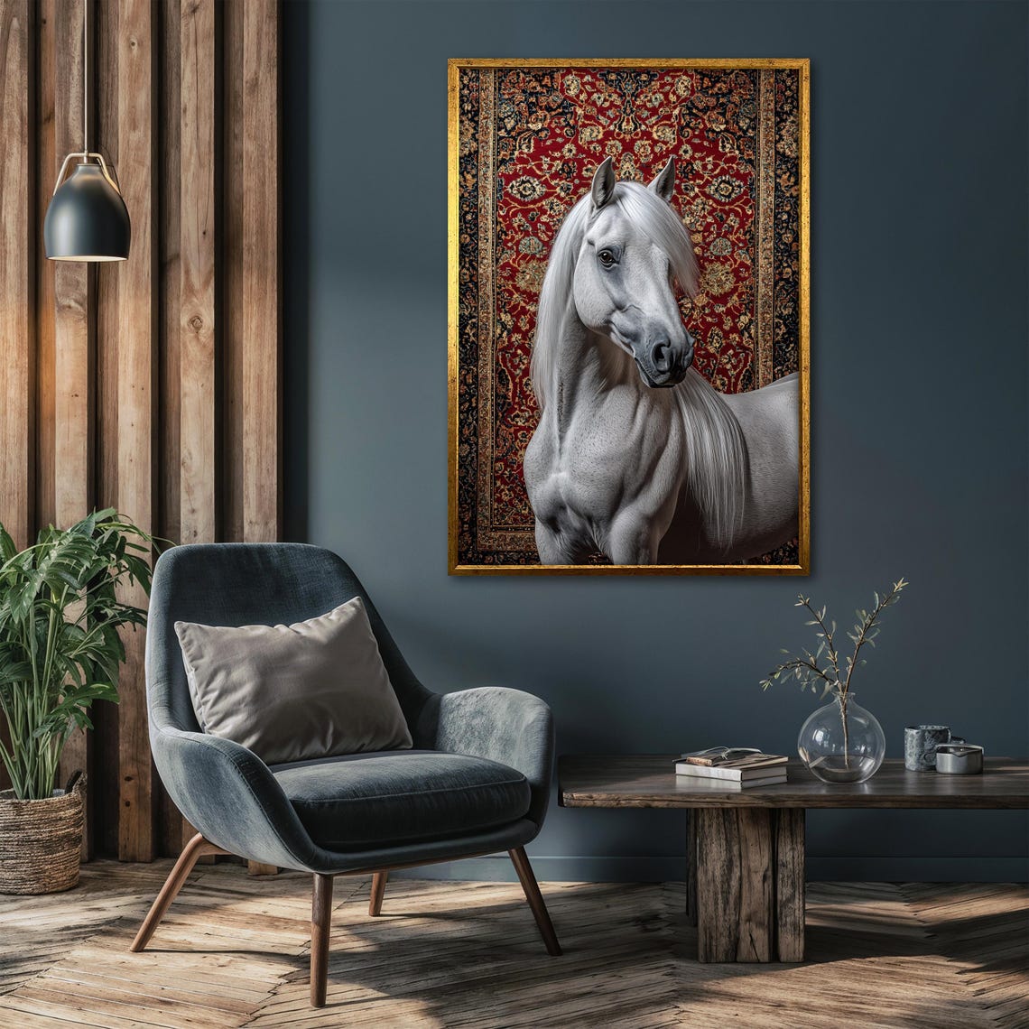 White Horse Portrait Standing Proudly Before a Red Persian Rug Poster - Image 4