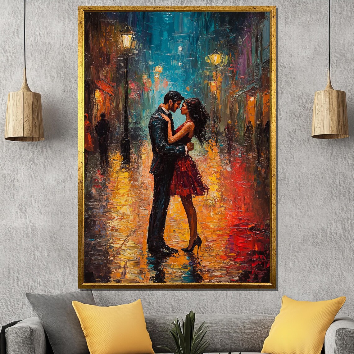 Couple Embracing on Rainy City Street at Night Colorful Art Poster
