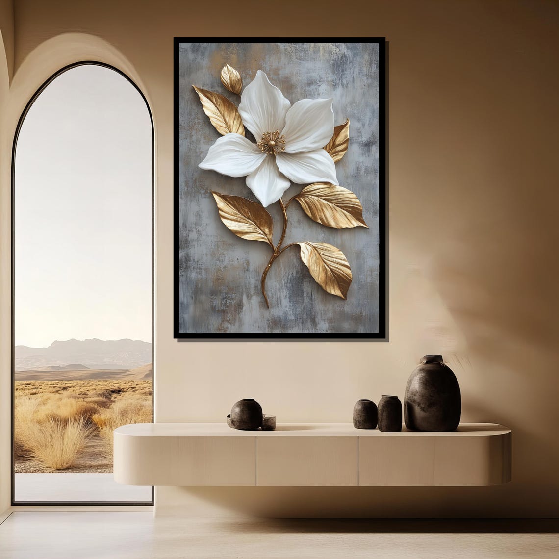 White Bloom With Metallic Gold Leaves Luxury Floral Art Poster - Image 3