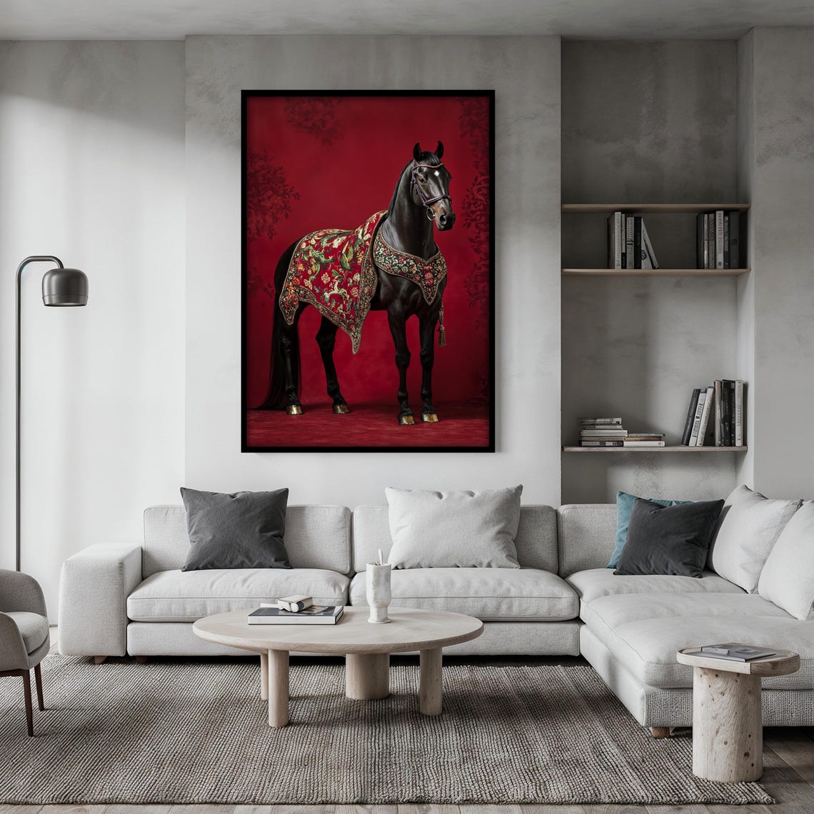 Black Horse in Ornate Saddle Blanket Facing Right on Red Poster - Image 2