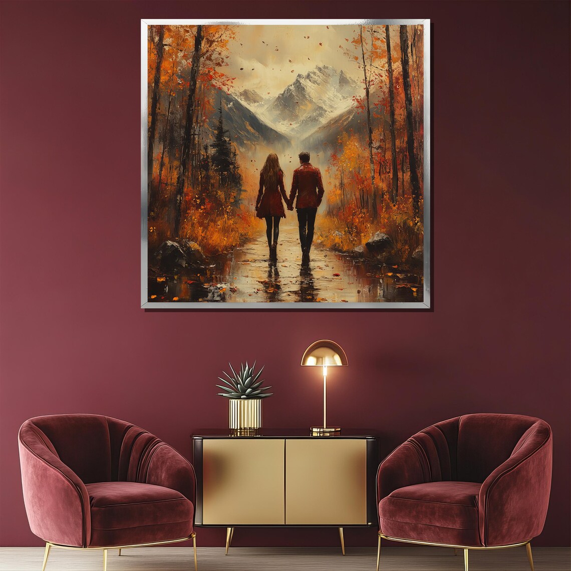 Couple Walking Autumn Forest Toward Snowy Mountains Art Poster - Image 2