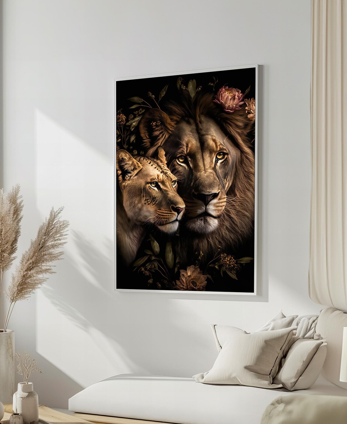 Tender Lion and Lioness Couple Dark Floral Portrait Poster For Bedroom Decor