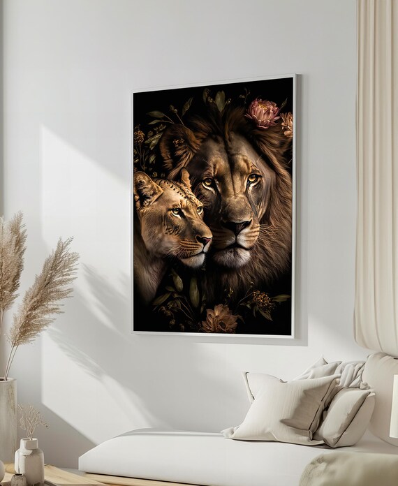 Tender Lion and Lioness Couple Dark Floral Portrait Poster For Bedroom Decor