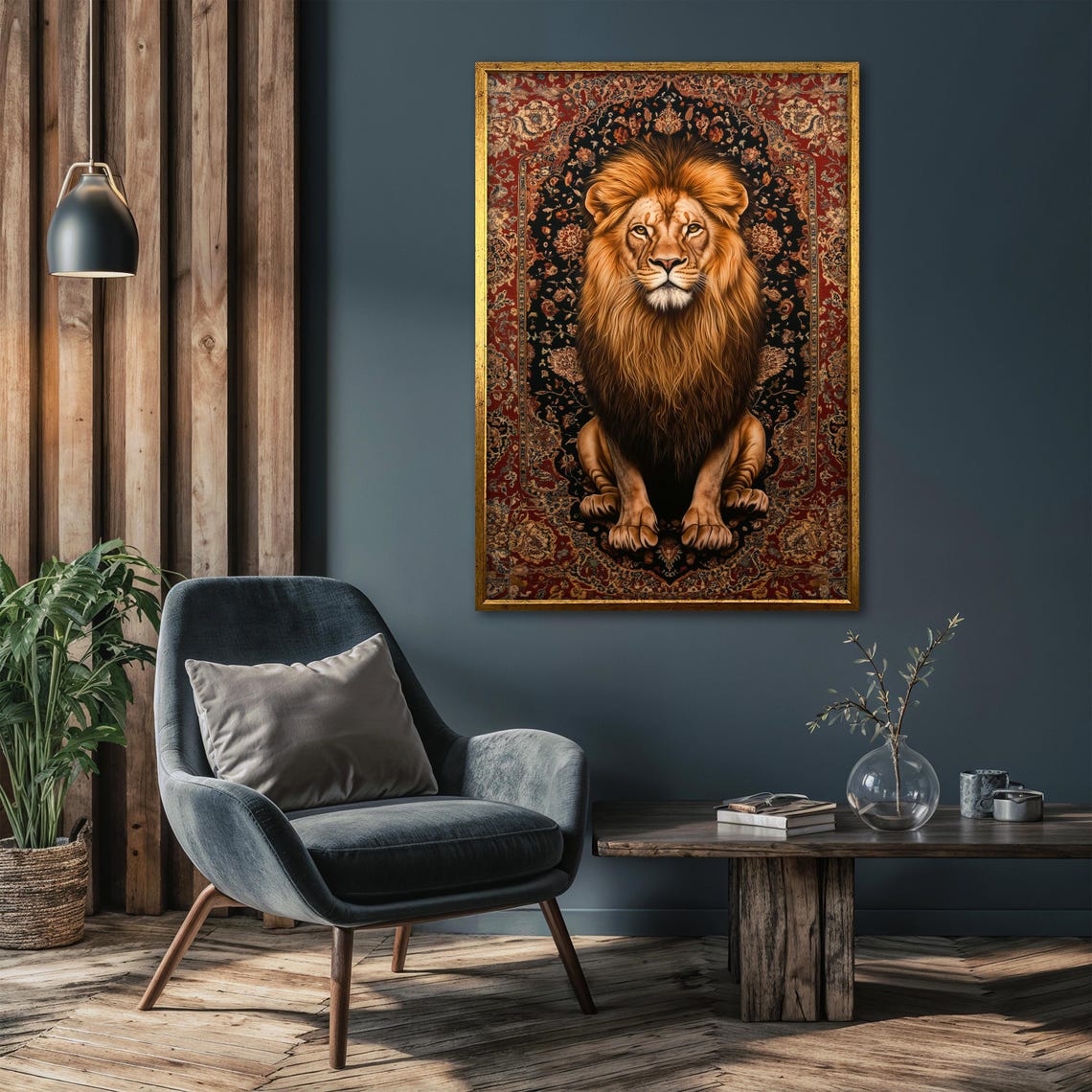 Lion Facing the Viewer Boldly on a Bright Red Oriental Rug Poster - Image 4