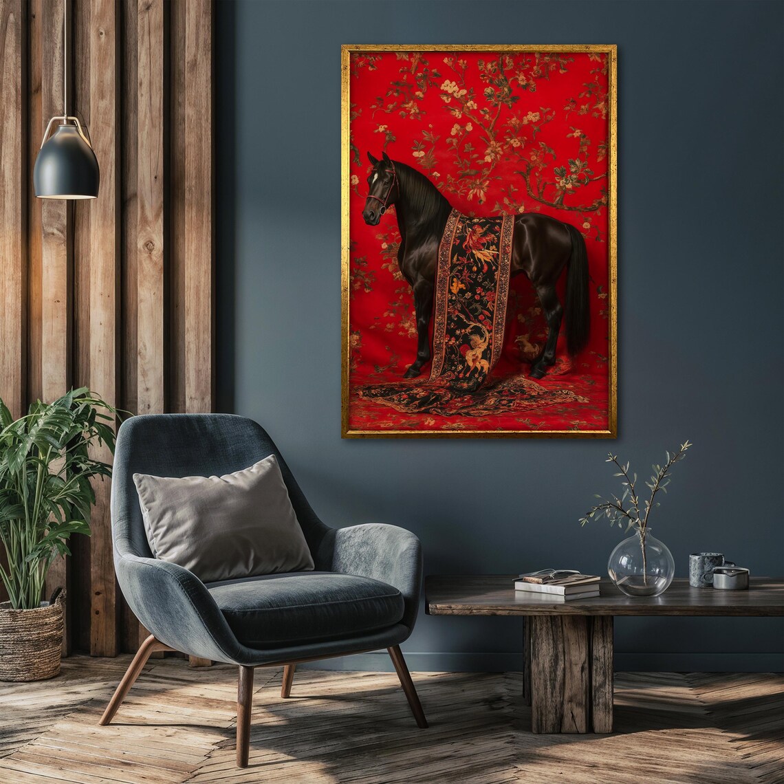 Black Horse Wearing an Embroidered Blanket on Red Floral Poster - Image 4