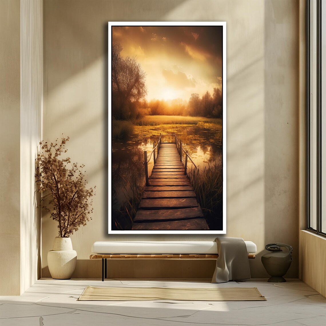 Sunset Serenity Wooden Footbridge Over Calm Golden Waters Poster - Image 2