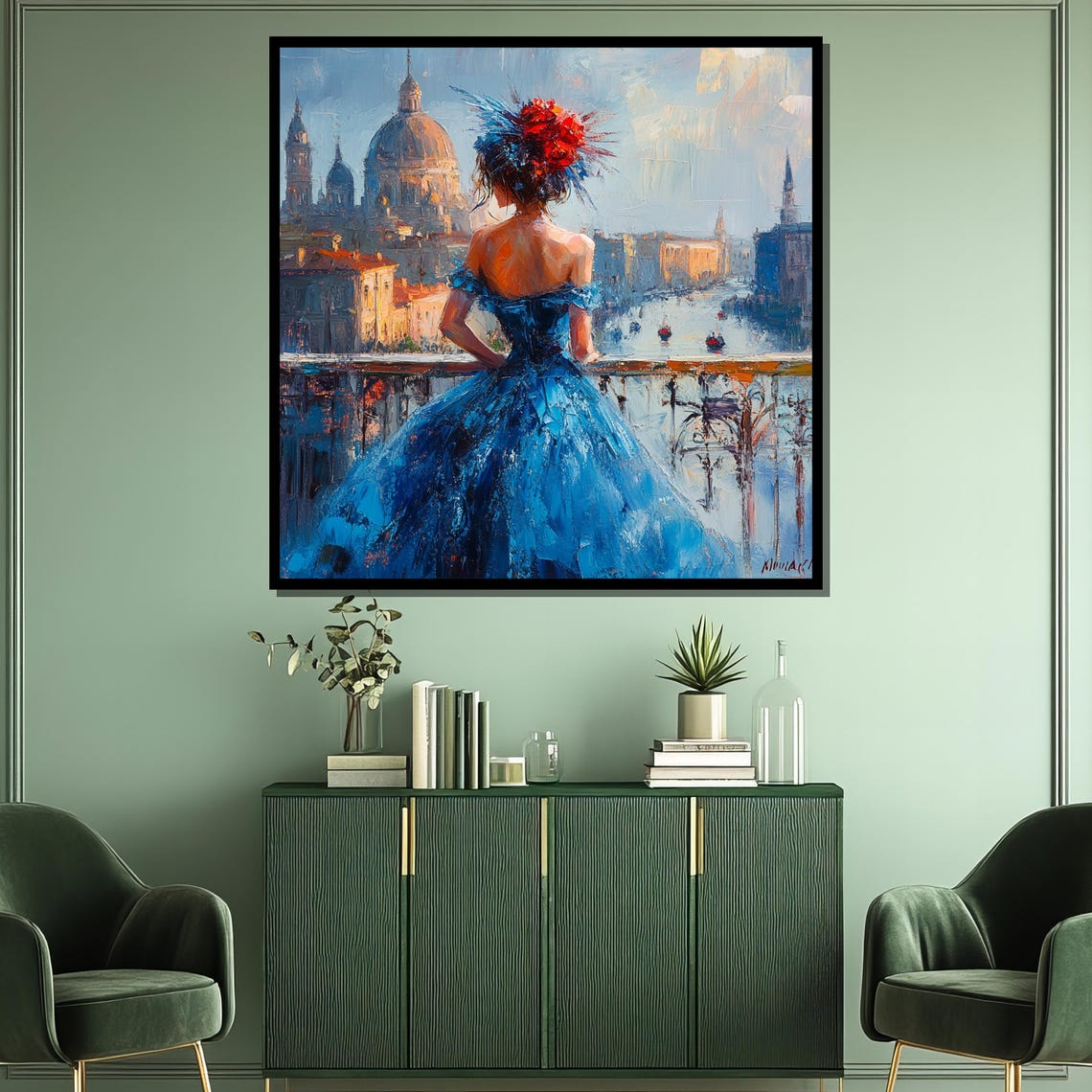 Woman in Blue Gown Overlooking Venice Grand Canal Cityscape Poster - Image 3