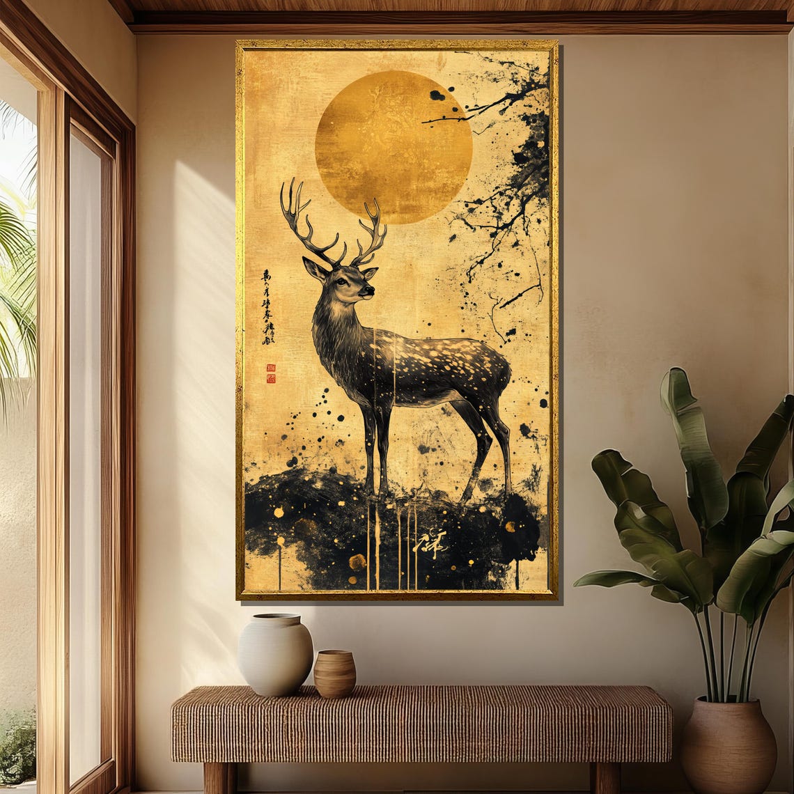 Golden Japanese Deer Beneath Full Moon Ink Wash Style Art Poster - Image 4