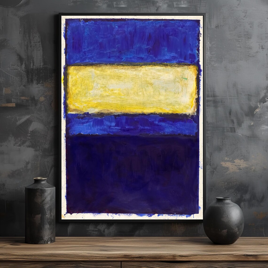 Bold Blue Yellow Textured Color-Field Abstract Modern Art Wall Poster - Image 2