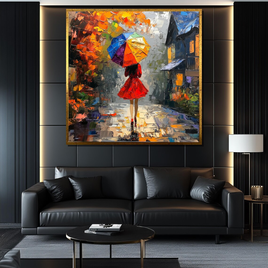 Rainbow Umbrella Girl On Autumn Street Impressionist Scene Poster - Image 4