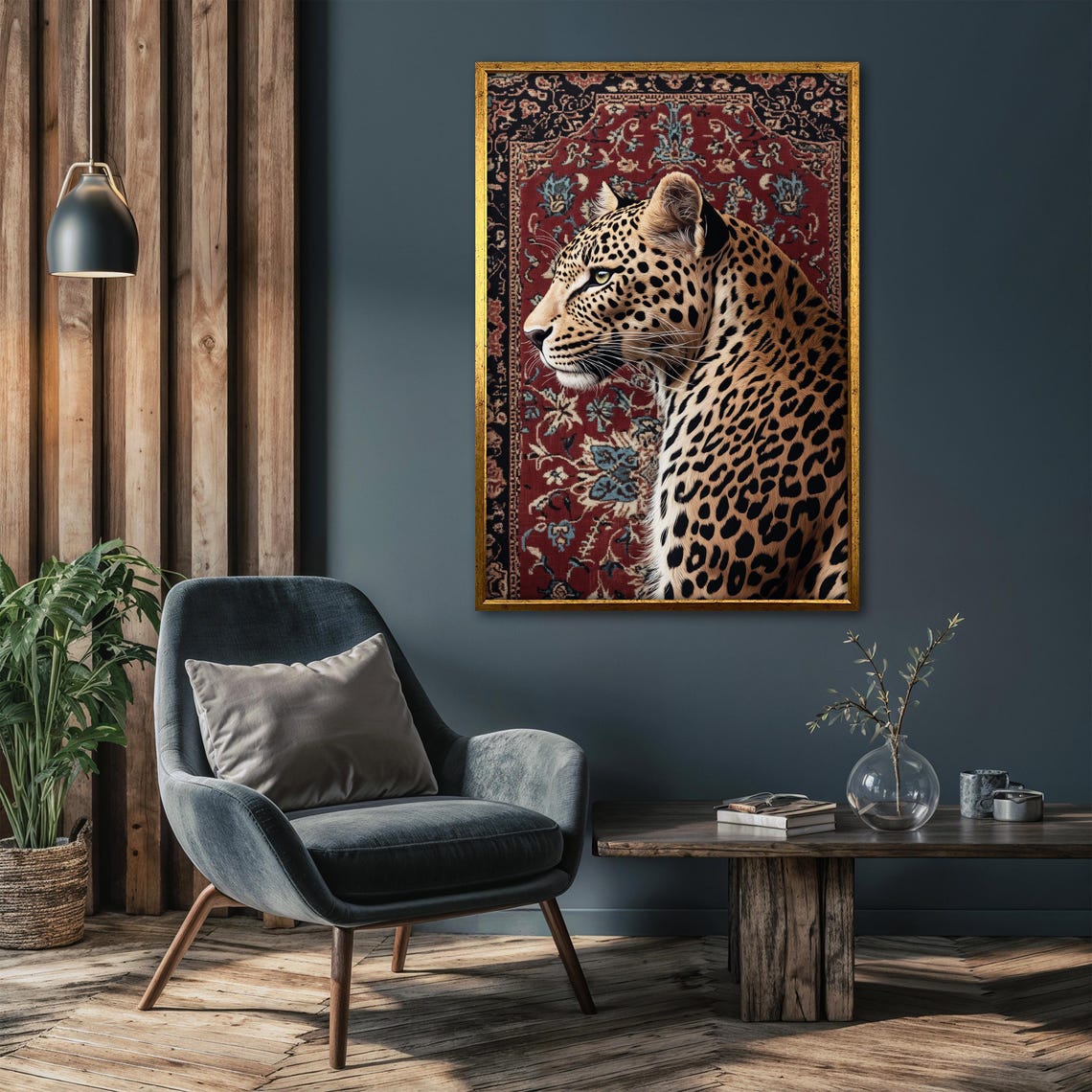 Leopard in Elegant Side Profile Resting on a Red Oriental Rug Poster - Image 4