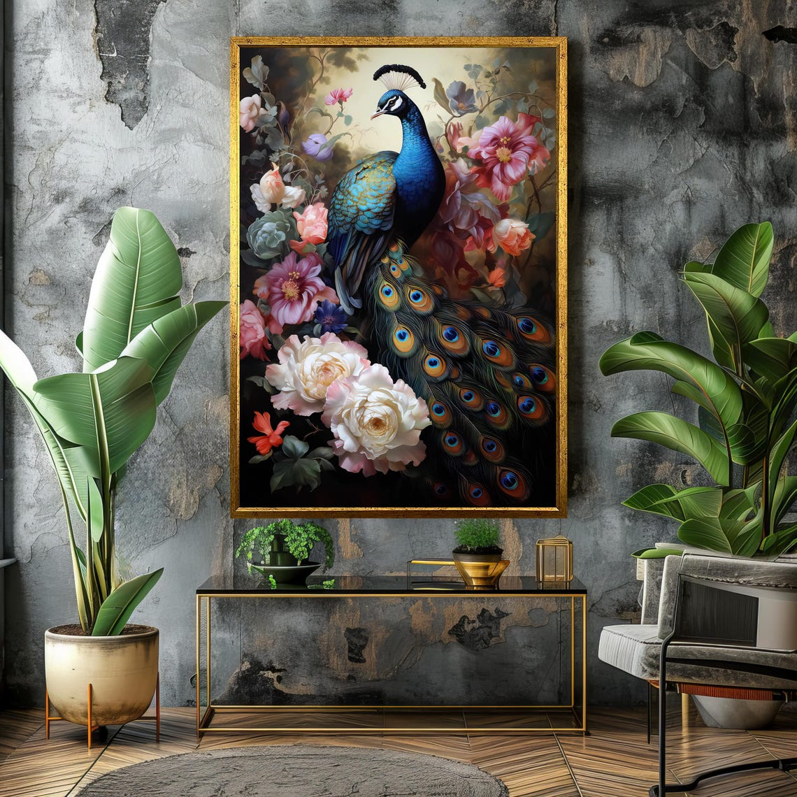 Majestic Peacock Surrounded By Colorful Flowers Elegant Poster - Image 4