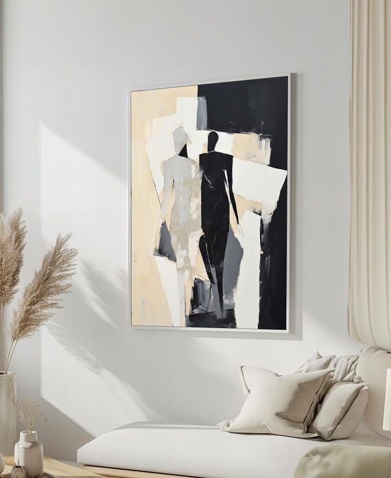 Contemporary Abstract Figure Painting Minimalist Black And Beige Silhouettes In Modern Art Style Unique Gift For Art Lovers