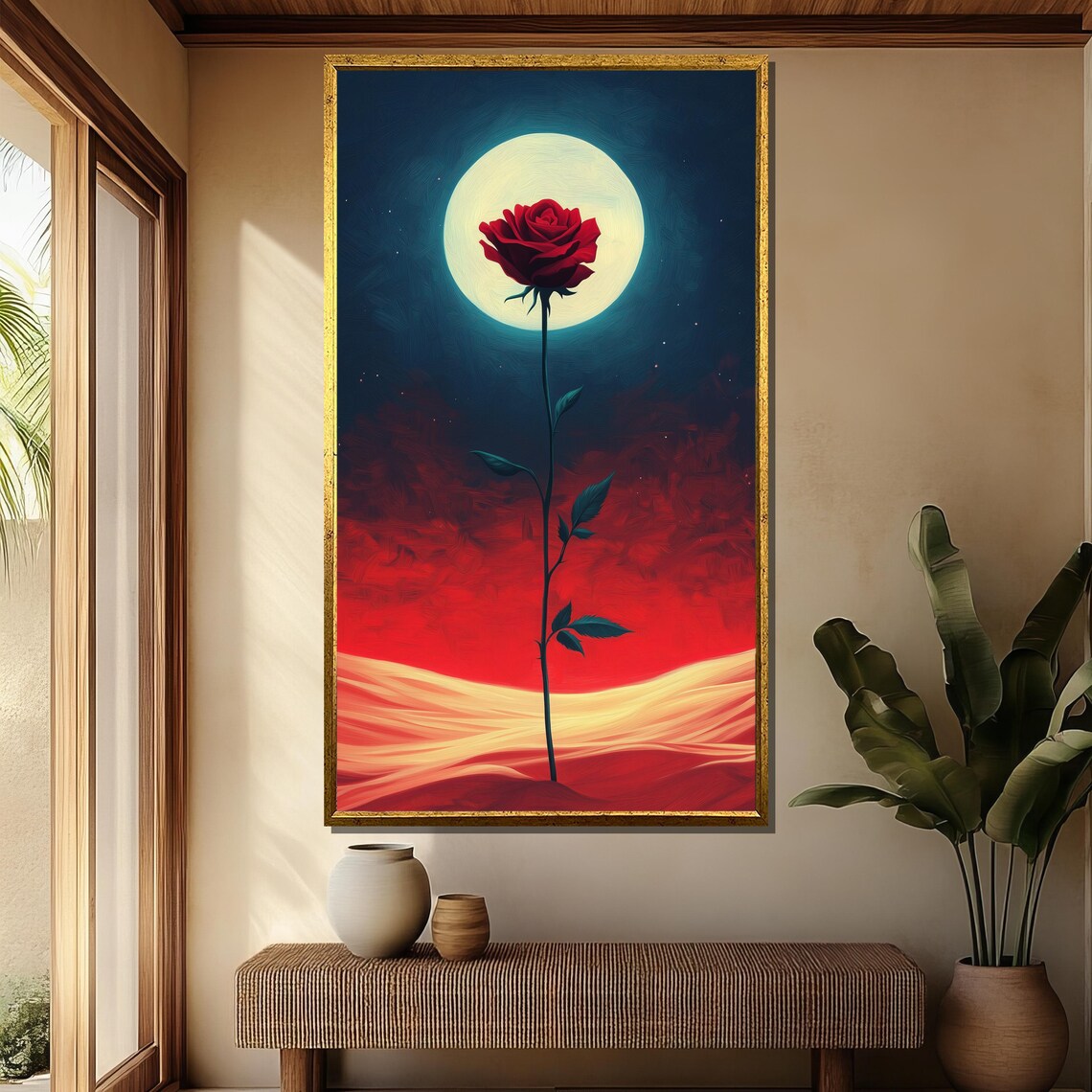 Single Red Rose Against Full Moon Night Desert Surreal Art Poster - Image 4