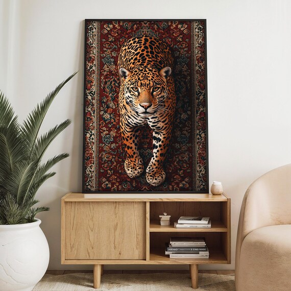 Majestic Leopard Painting With Oriental Rug Design Exotic Animal Wall Art Gift For Wildlife And Luxury Home Dcor