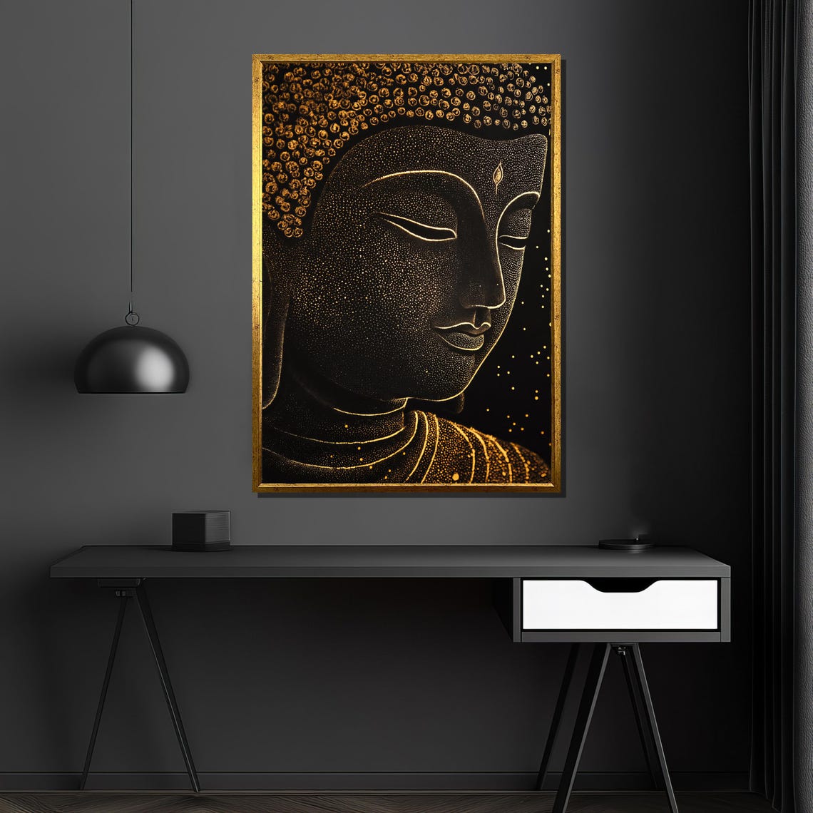 Golden Dotted Buddha Face On Black Luxe Spiritual Decor Poster - Image 4