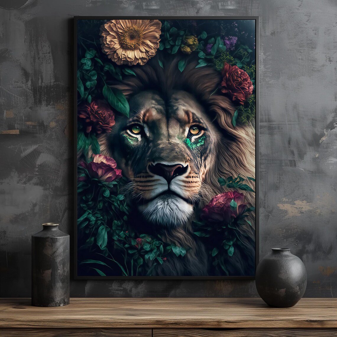 Lion Face Framed by Dark Botanical Flowers Painting Poster For Living Room - Image 2