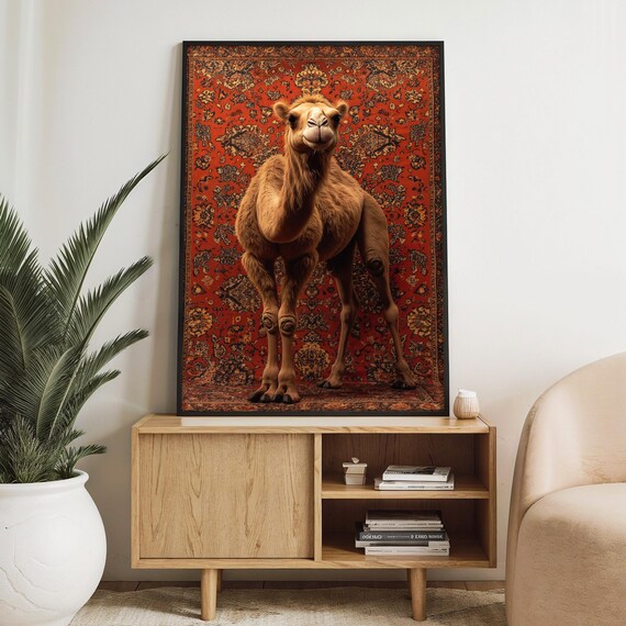 Camel Facing Forward with a Smile on a Deep Red Persian Rug Poster
