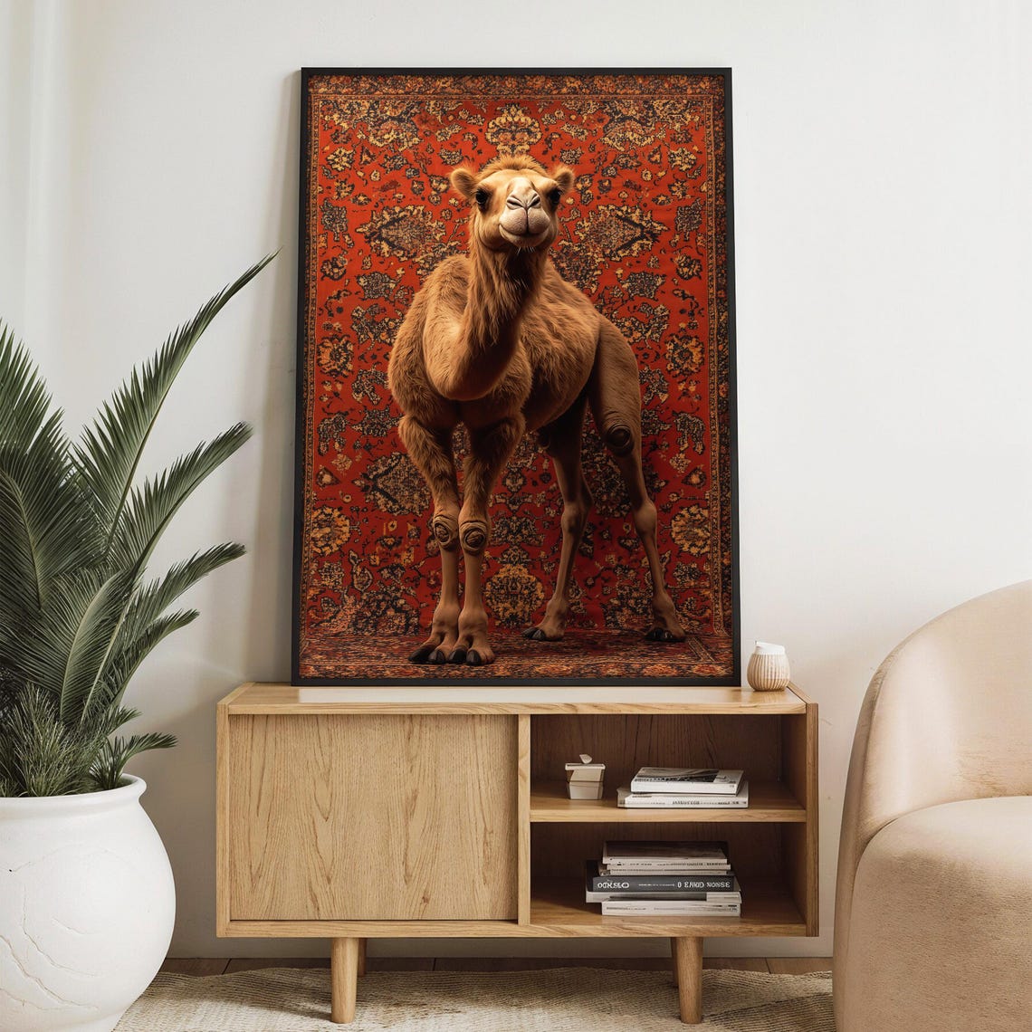 Camel Facing Forward with a Smile on a Deep Red Persian Rug Poster