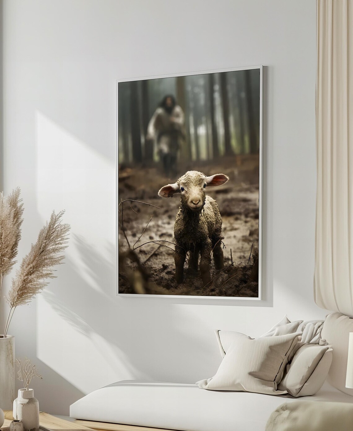 The Lost Lamb Standing In A Misty Forest With The Shepherd Behind Poster