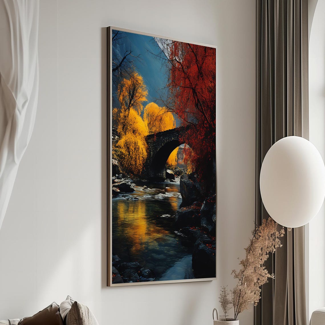 Autumn Stone Bridge River Golden Foliage Landscape Art Poster