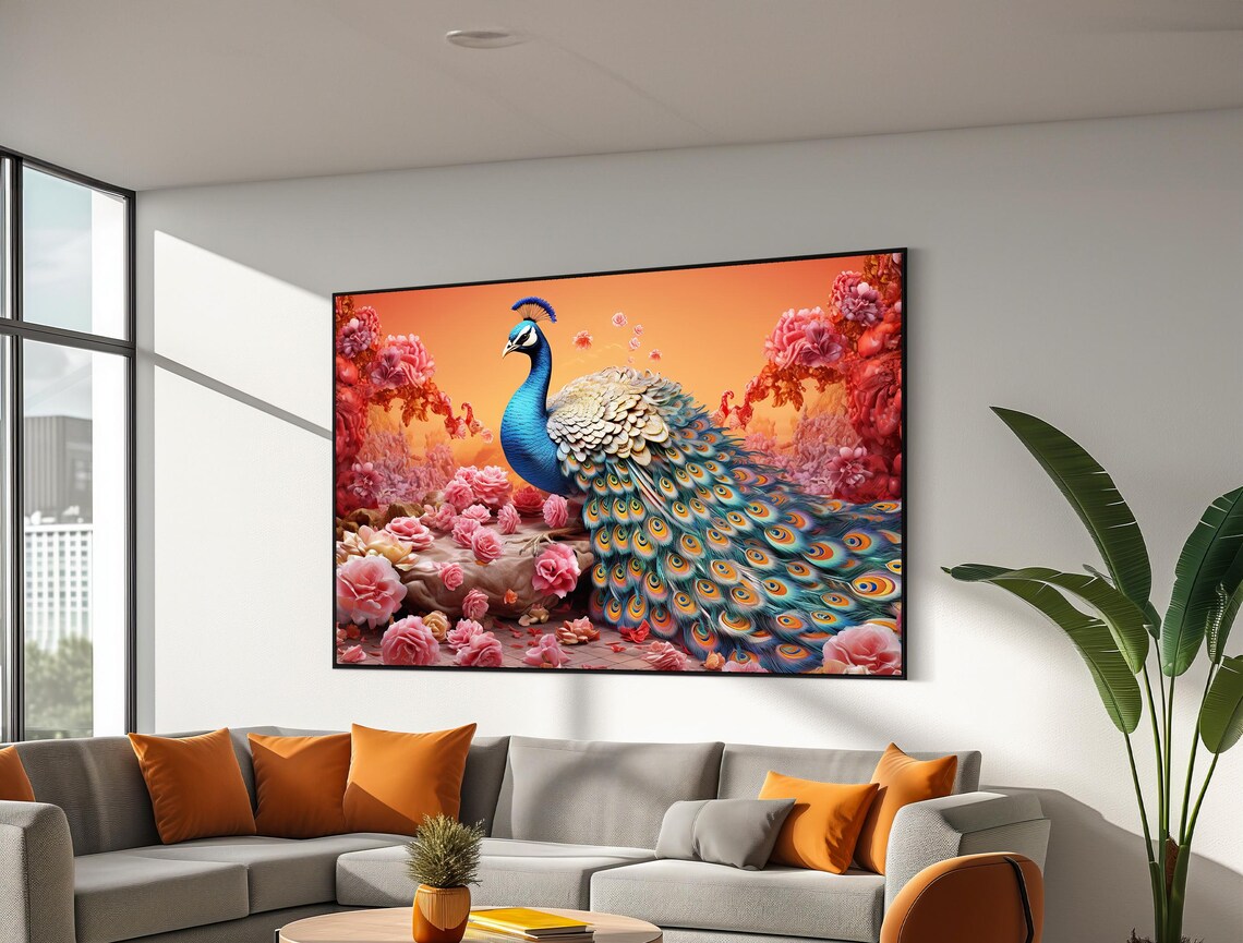Majestic Peacock Among Pink Roses Opulent Floral Garden Poster