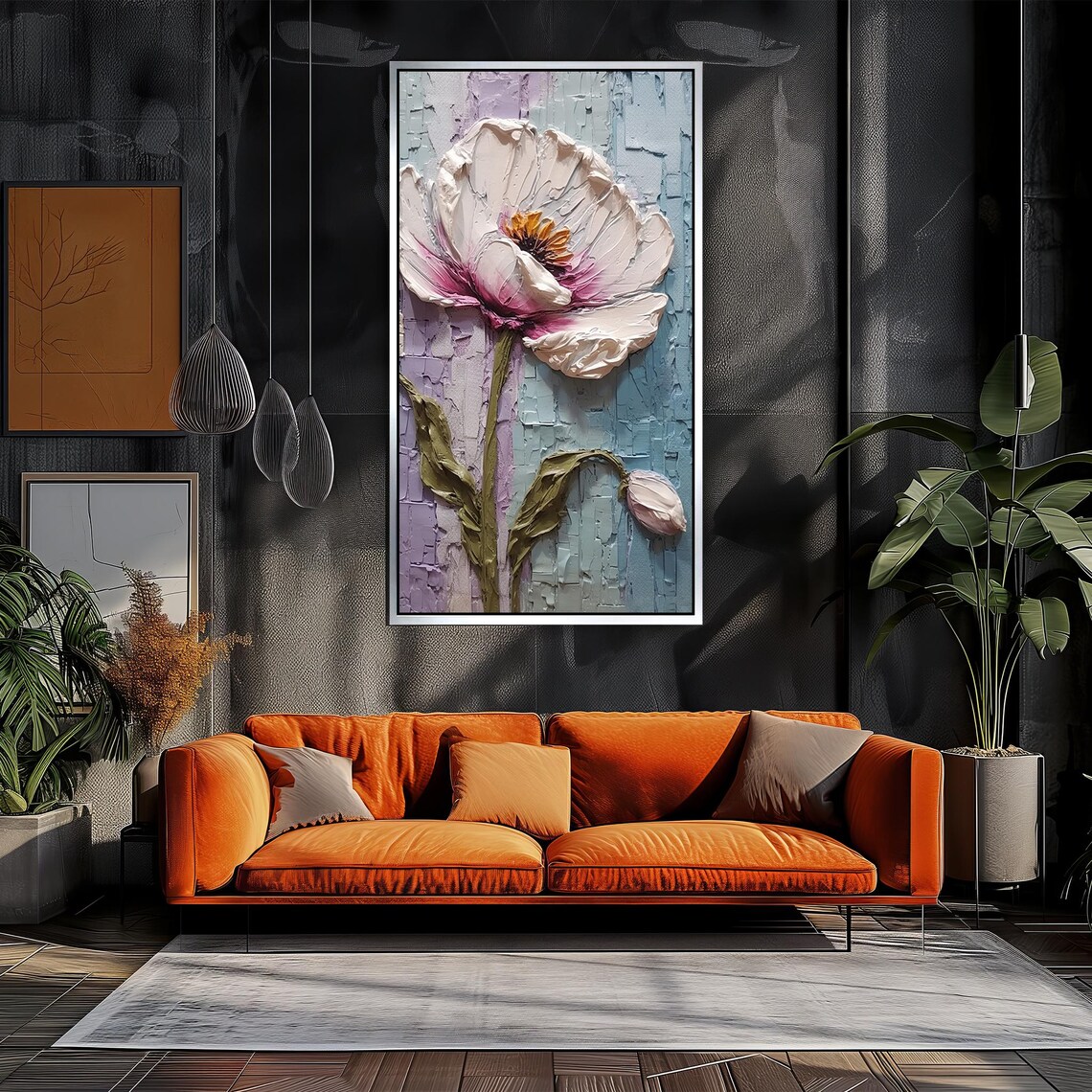 Elegant White Flower Impasto Oil Painting on Pastel Blue Poster - Image 3