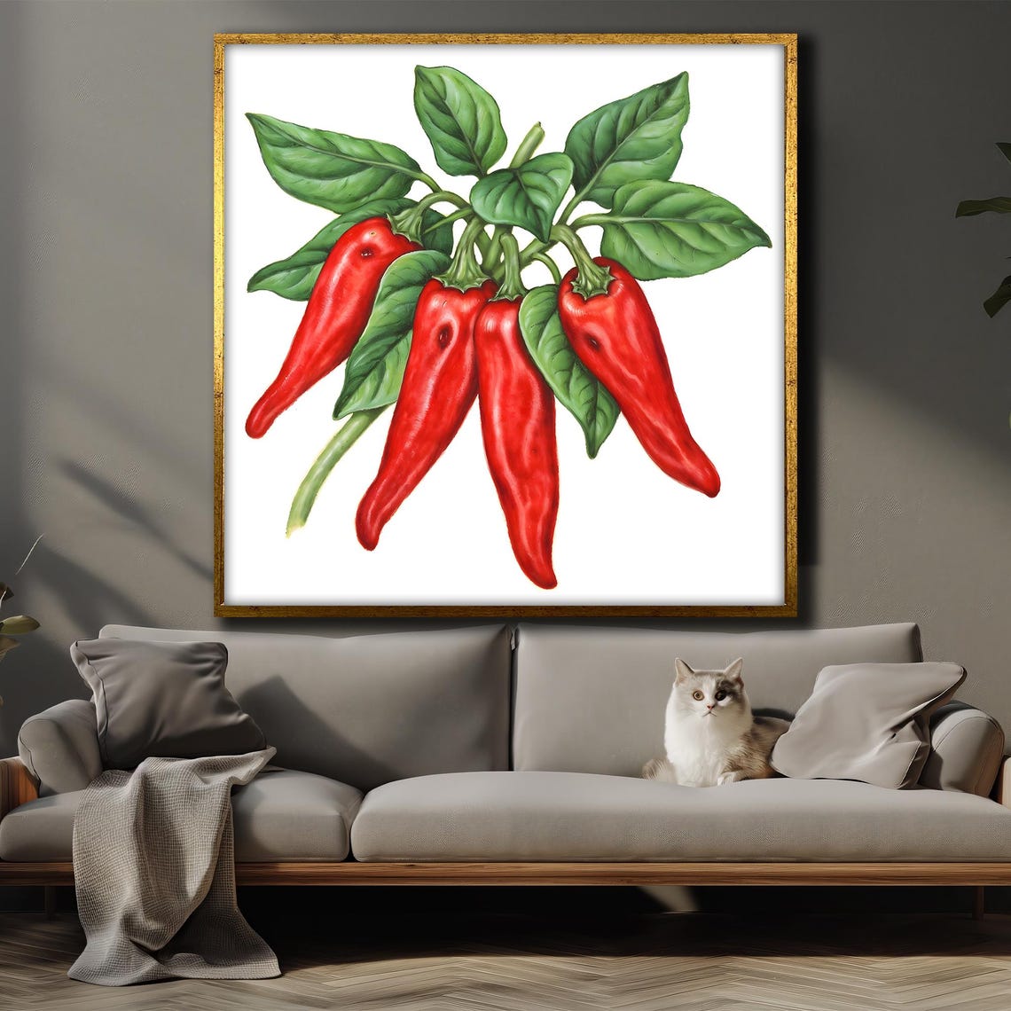 Vibrant Red Chili Peppers Bold Kitchen Painting With Fresh Green Leaves For A Spicy And Invigorating Culinary Space - Image 4