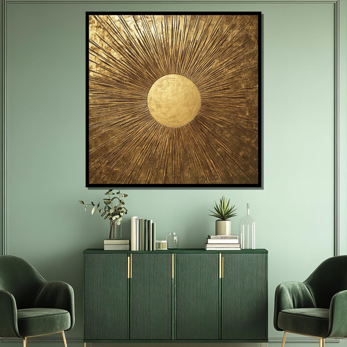 Golden Sunburst with Radiant Textured Rays on Rich Bronze Poster - Image 3